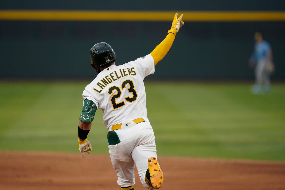 Jun 8, 2026; Summerlin, Nevada, USA; Athletics catcher Shea Langeliers (23) celebrates after hitting a solo home run during the first inning against the Milwaukee Brewers at the Las Vegas Ballpark. Mandatory Credit: Lucas Peltier-Imagn Images