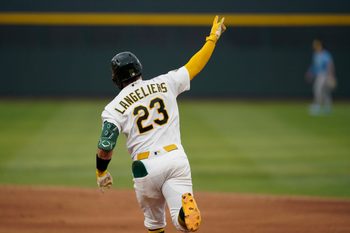 Jun 8, 2026; Summerlin, Nevada, USA; Athletics catcher Shea Langeliers (23) celebrates after hitting a solo home run during the first inning against the Milwaukee Brewers at the Las Vegas Ballpark. Mandatory Credit: Lucas Peltier-Imagn Images