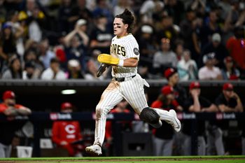 Jun 8, 2026; San Diego, California, USA; San Diego Padres center fielder Jase Bowen (4) runs as he scores during the eighth inning against the Cincinnati Reds at Petco Park. Mandatory Credit: Denis Poroy-Imagn Images
