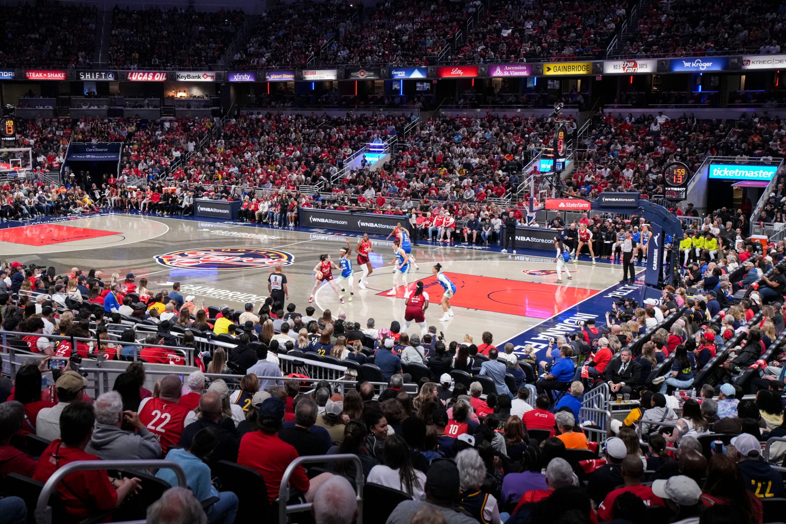 Indiana Fever guard Caitlin Clark (22) runs a play Saturday, May 9, 2026, during the first half of the Fever’s season opener game at Gainbridge FIeldhouse in Indianapolis. The Dallas Wings defeated the Indiana Fever, 107-104.