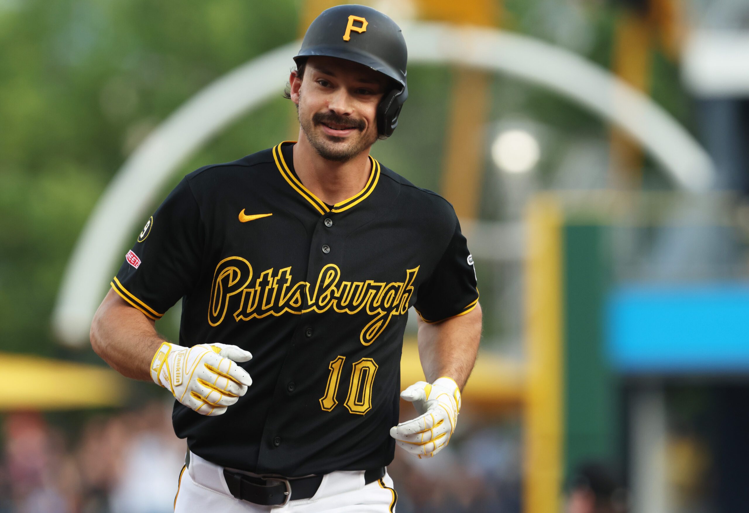 Jun 9, 2026; Pittsburgh, Pennsylvania, USA;  Pittsburgh Pirates left fielder Bryan Reynolds (10) circles the bases one a solo home run against the Los Angeles Dodgers during the first inning at PNC Park. Mandatory Credit: Charles LeClaire-Imagn Images