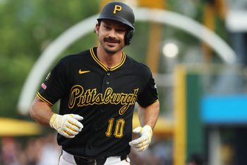 Jun 9, 2026; Pittsburgh, Pennsylvania, USA;  Pittsburgh Pirates left fielder Bryan Reynolds (10) circles the bases one a solo home run against the Los Angeles Dodgers during the first inning at PNC Park. Mandatory Credit: Charles LeClaire-Imagn Images