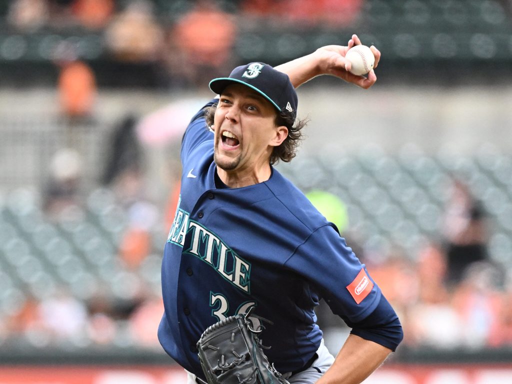 Jun 9, 2026; Baltimore, Maryland, USA; Seattle Mariners pitcher Logan Gilbert (36) delivers during the first inning against the Baltimore Orioles at Oriole Park at Camden Yards. Mandatory Credit: James A. Pittman-Imagn Images