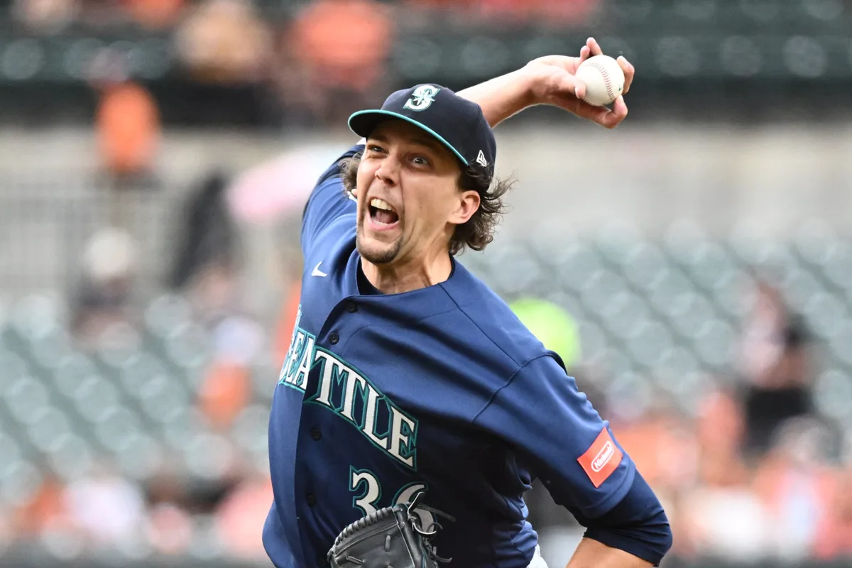 Jun 9, 2026; Baltimore, Maryland, USA; Seattle Mariners pitcher Logan Gilbert (36) delivers during the first inning against the Baltimore Orioles at Oriole Park at Camden Yards. Mandatory Credit: James A. Pittman-Imagn Images