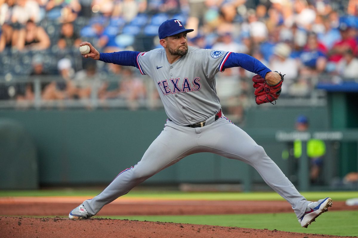 Jun 9, 2026; Kansas City, Missouri, USA; Texas Rangers starting pitcher Nathan Eovaldi (17) delivers a pitch against the Kansas City Royals during the first inning at Kauffman Stadium. Mandatory Credit: Denny Medley-Imagn Images
