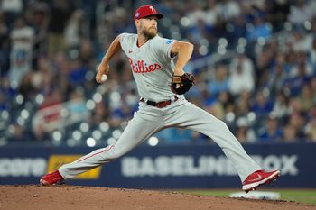 Jun 9, 2026; Toronto, Ontario, CAN; Philadelphia Phillies starting pitcher Zack Wheeler (45) pitches to the Toronto Blue Jays during the first inning at Rogers Centre. Mandatory Credit: John E. Sokolowski-Imagn Images