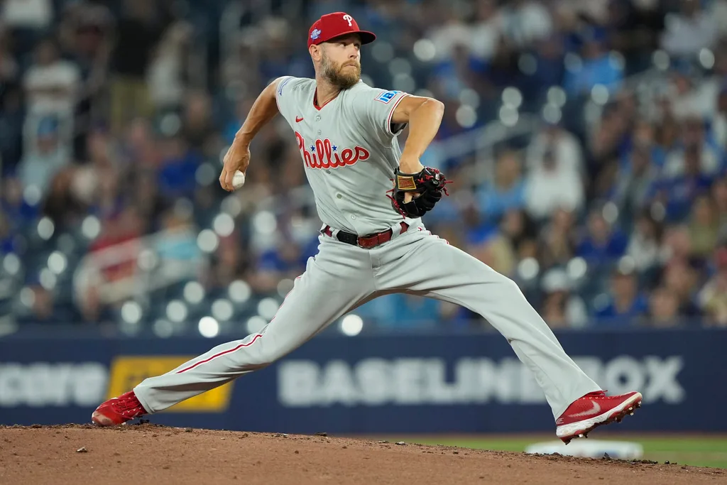 Jun 9, 2026; Toronto, Ontario, CAN; Philadelphia Phillies starting pitcher Zack Wheeler (45) pitches to the Toronto Blue Jays during the first inning at Rogers Centre. Mandatory Credit: John E. Sokolowski-Imagn Images