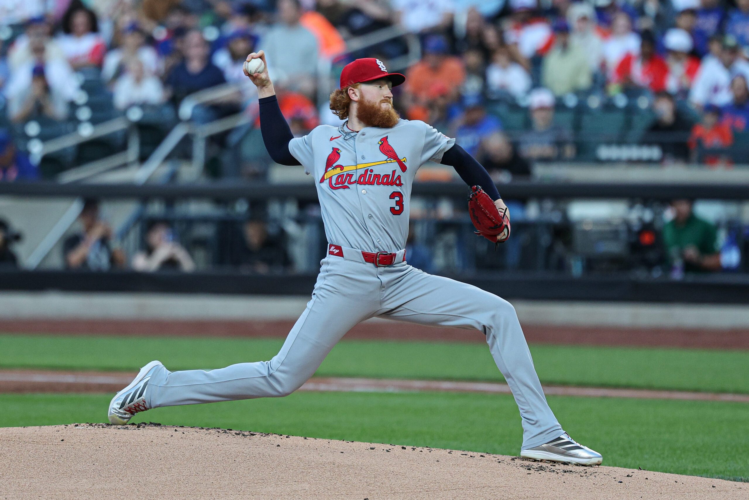 Jun 9, 2026; New York City, New York, USA; St. Louis Cardinals pitcher Dustin May (3) delivers a pitch during the first inning against the New York Mets at Citi Field. Mandatory Credit: Vincent Carchietta-Imagn Images