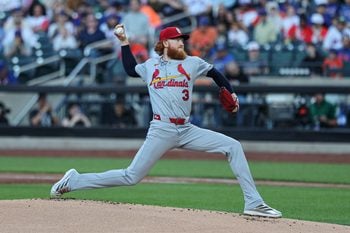 Jun 9, 2026; New York City, New York, USA; St. Louis Cardinals pitcher Dustin May (3) delivers a pitch during the first inning against the New York Mets at Citi Field. Mandatory Credit: Vincent Carchietta-Imagn Images