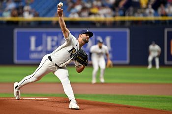 Jun 9, 2026; St. Petersburg, Florida, USA; Tampa Bay Rays starting pitcher Nick Martinez (28) throws a pitch in the first inning against the Boston Red Sox at Tropicana Field. Mandatory Credit: Jonathan Dyer-Imagn Images