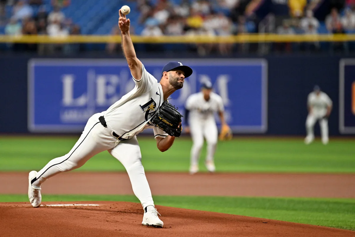 Jun 9, 2026; St. Petersburg, Florida, USA; Tampa Bay Rays starting pitcher Nick Martinez (28) throws a pitch in the first inning against the Boston Red Sox at Tropicana Field. Mandatory Credit: Jonathan Dyer-Imagn Images