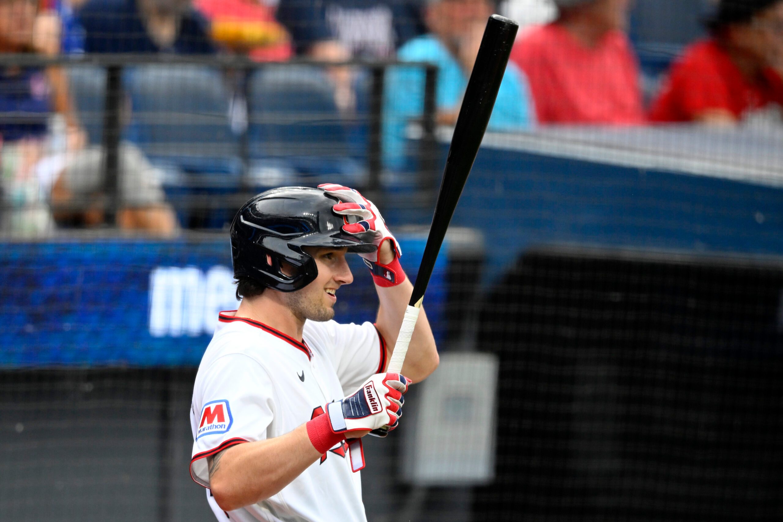 Jun 9, 2026; Cleveland, Ohio, USA; Cleveland Guardians right fielder Chase DeLauter (24) stands  on deck in the first inning against the New York Yankees at Progressive Field. Mandatory Credit: David Richard-Imagn Images