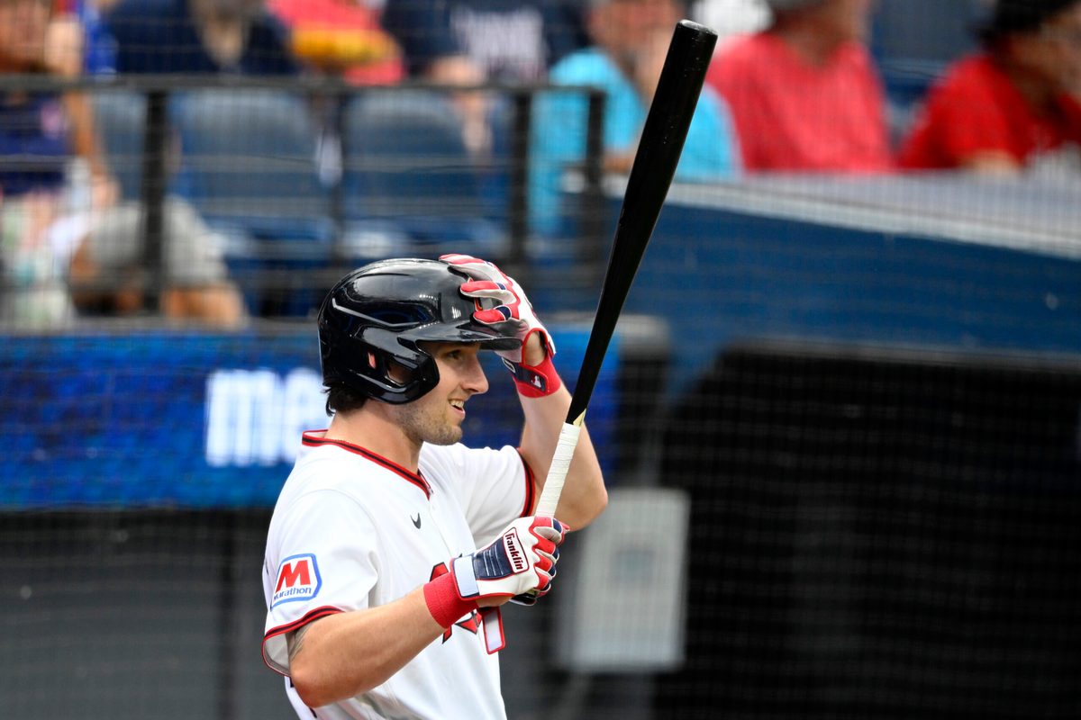 Jun 9, 2026; Cleveland, Ohio, USA; Cleveland Guardians right fielder Chase DeLauter (24) stands  on deck in the first inning against the New York Yankees at Progressive Field. Mandatory Credit: David Richard-Imagn Images
