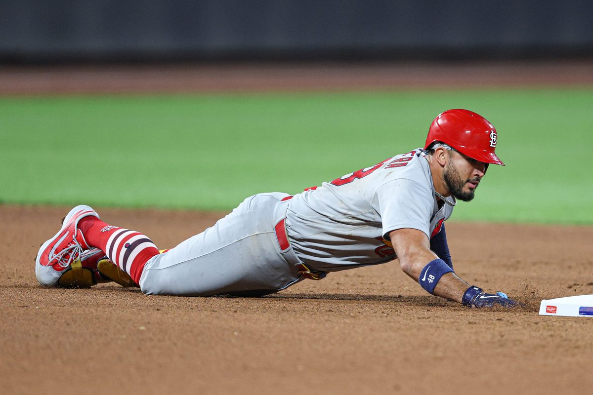 Jun 9, 2026; New York City, New York, USA; St. Louis Cardinals designated hitter Ivan Herrera (48) sliders back to second base after hitting a double during the seventh inning against the New York Mets at Citi Field. Mandatory Credit: Vincent Carchietta-Imagn Images