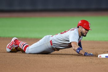 Jun 9, 2026; New York City, New York, USA; St. Louis Cardinals designated hitter Ivan Herrera (48) sliders back to second base after hitting a double during the seventh inning against the New York Mets at Citi Field. Mandatory Credit: Vincent Carchietta-Imagn Images