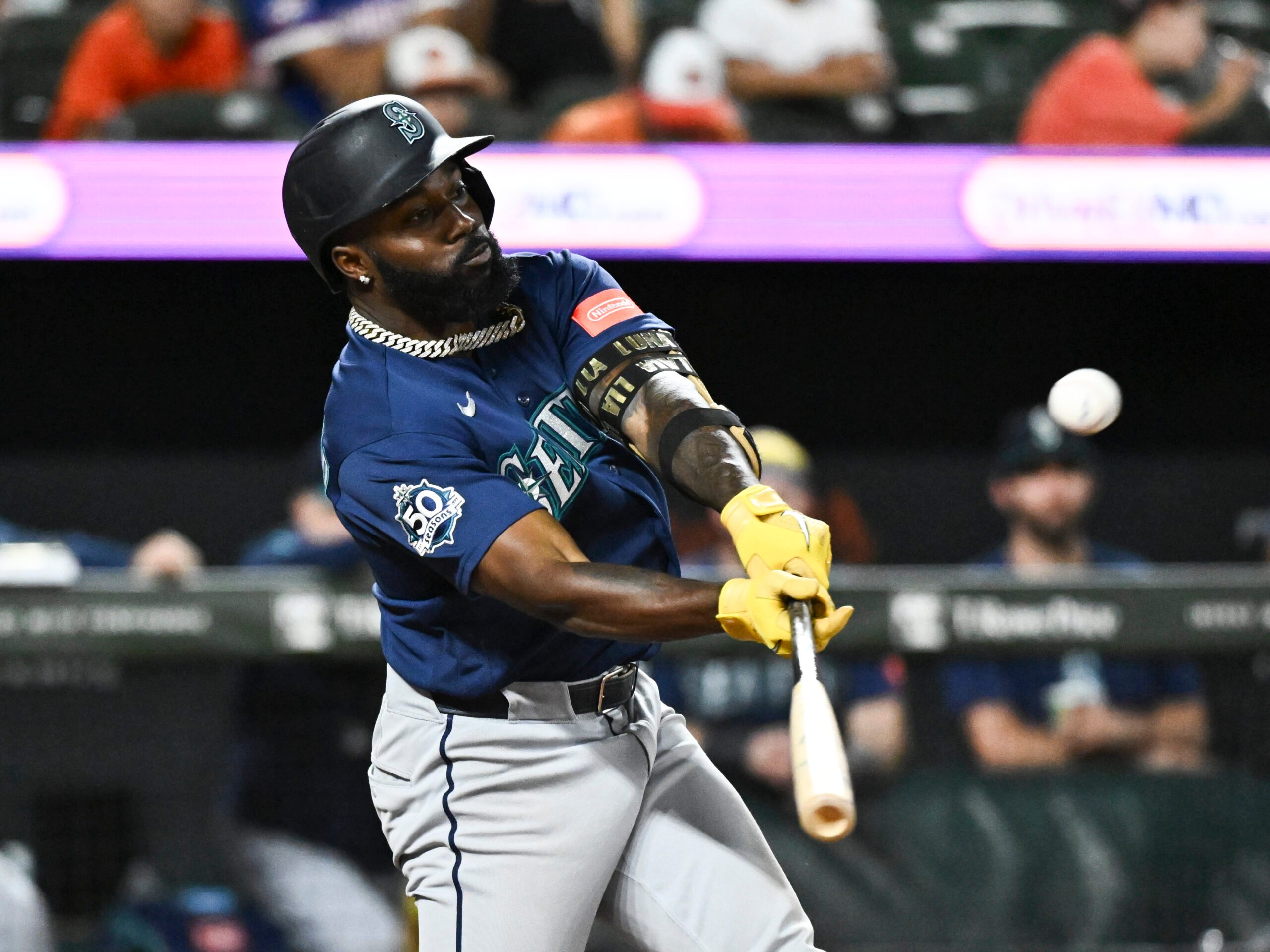 Jun 9, 2026; Baltimore, Maryland, USA;  Seattle Mariners left fielder Randy Arozarena (56) hits a two run home run during the tenth inning against the Baltimore Orioles at Oriole Park at Camden Yards. Mandatory Credit: James A. Pittman-Imagn Images