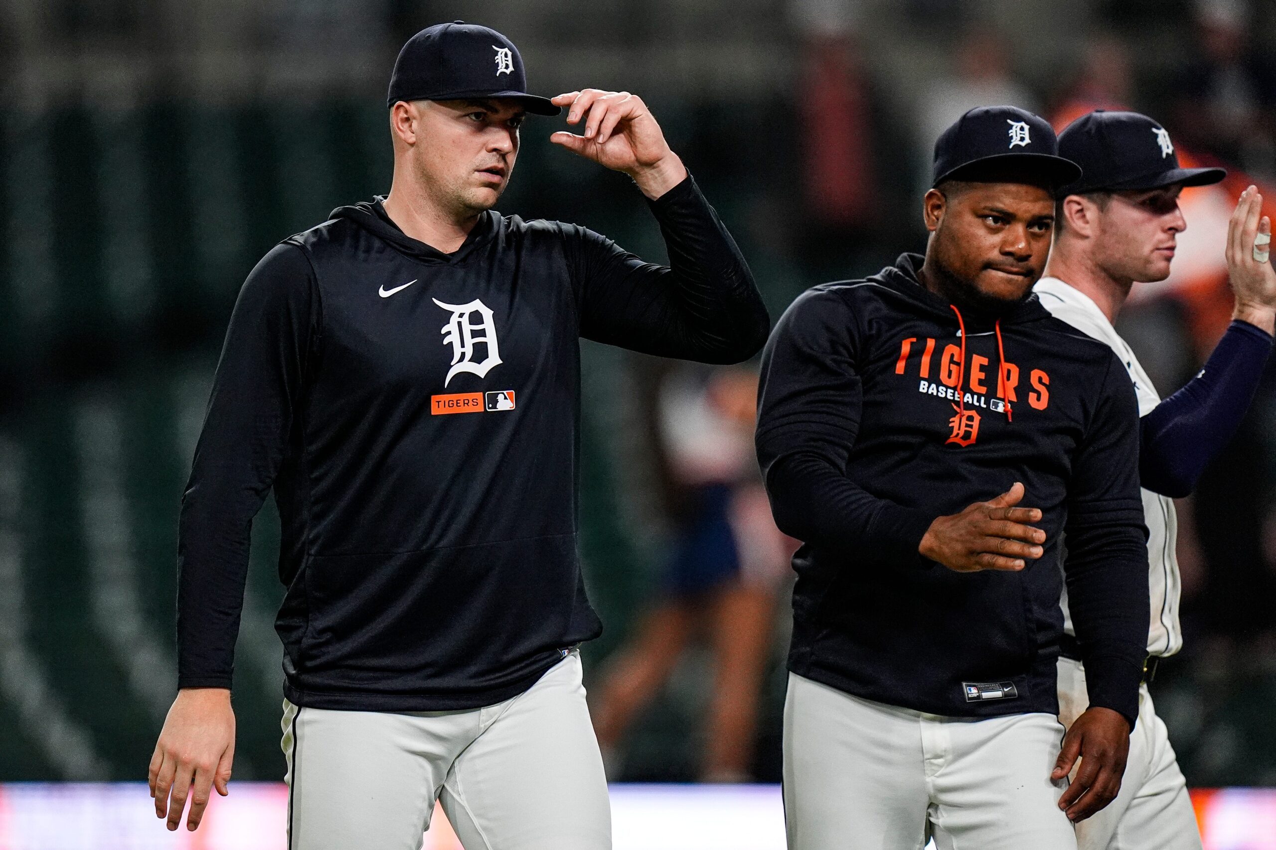 Detroit Tigers pitcher Tarik Skubal (29), left, and pitcher Framber Valdez (59) walk off the field after congratulating teammates for the 10-4 win over Minnesota Twins at Comerica Park in Detroit on Tuesday, June 9, 2026.