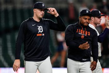 Detroit Tigers pitcher Tarik Skubal (29), left, and pitcher Framber Valdez (59) walk off the field after congratulating teammates for the 10-4 win over Minnesota Twins at Comerica Park in Detroit on Tuesday, June 9, 2026.