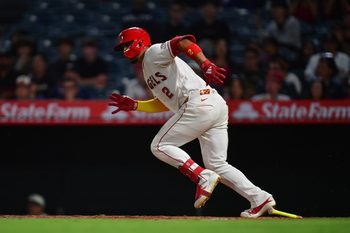 Jun 9, 2026; Anaheim, California, USA; Los Angeles Angels second baseman Oswald Peraza (2) runs after hitting an RBI single against the Houston Astros during the eighth inning at Angel Stadium. Mandatory Credit: Gary A. Vasquez-Imagn Images