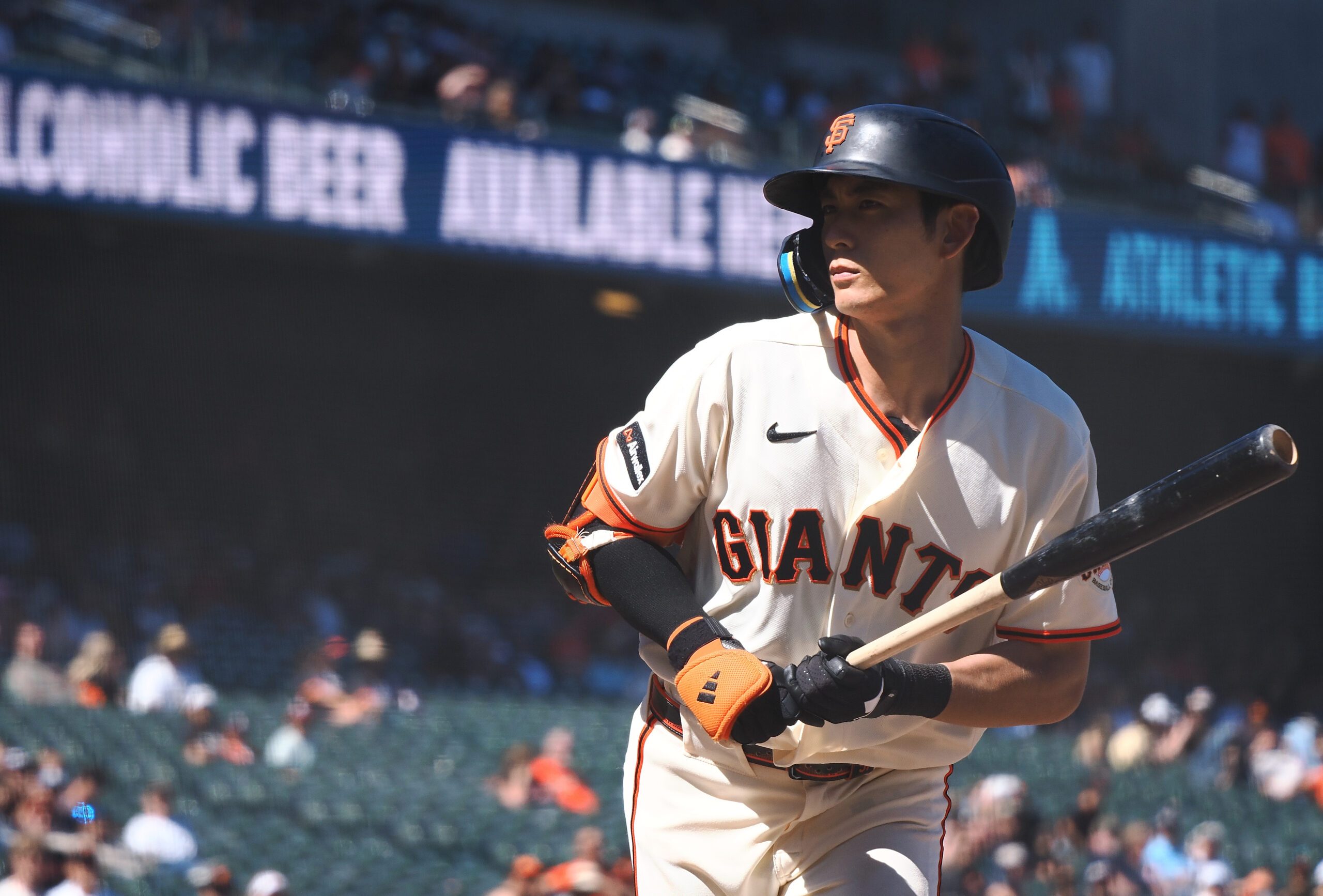 Jun 10, 2026; San Francisco, California, USA; San Francisco Giants right fielder Jung Hoo Lee (51) avoids being hit by the ball on a pitch by the Washington Nationals during the ninth inning at Oracle Park. Mandatory Credit: Kelley L Cox-Imagn Images