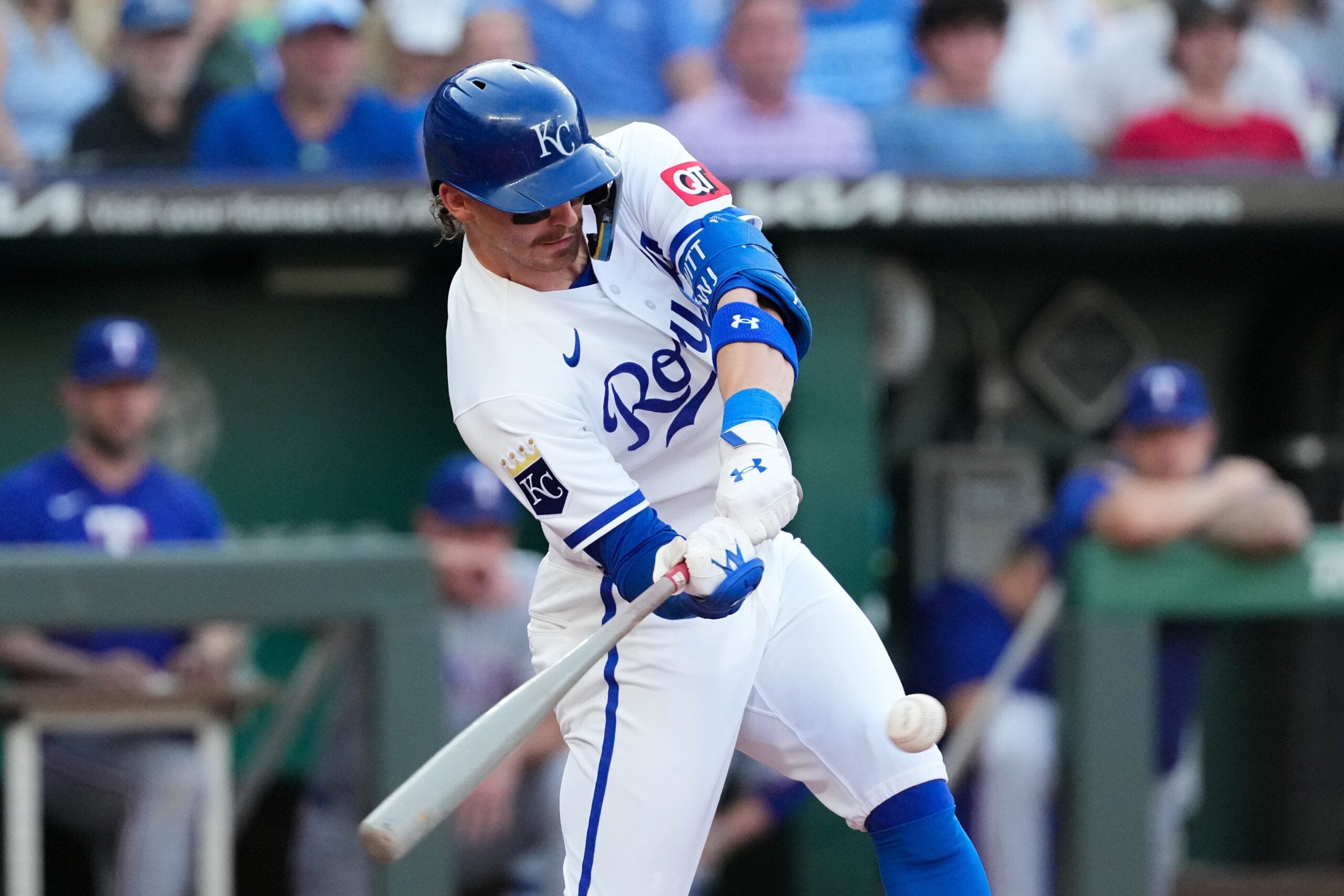 Jun 10, 2026; Kansas City, Missouri, USA; Kansas City Royals shortstop Bobby Witt Jr. (7) hits a single against the Texas Rangers during the first inning at Kauffman Stadium. Mandatory Credit: Denny Medley-Imagn Images
