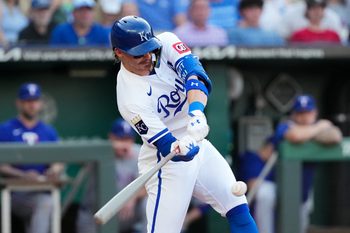 Jun 10, 2026; Kansas City, Missouri, USA; Kansas City Royals shortstop Bobby Witt Jr. (7) hits a single against the Texas Rangers during the first inning at Kauffman Stadium. Mandatory Credit: Denny Medley-Imagn Images