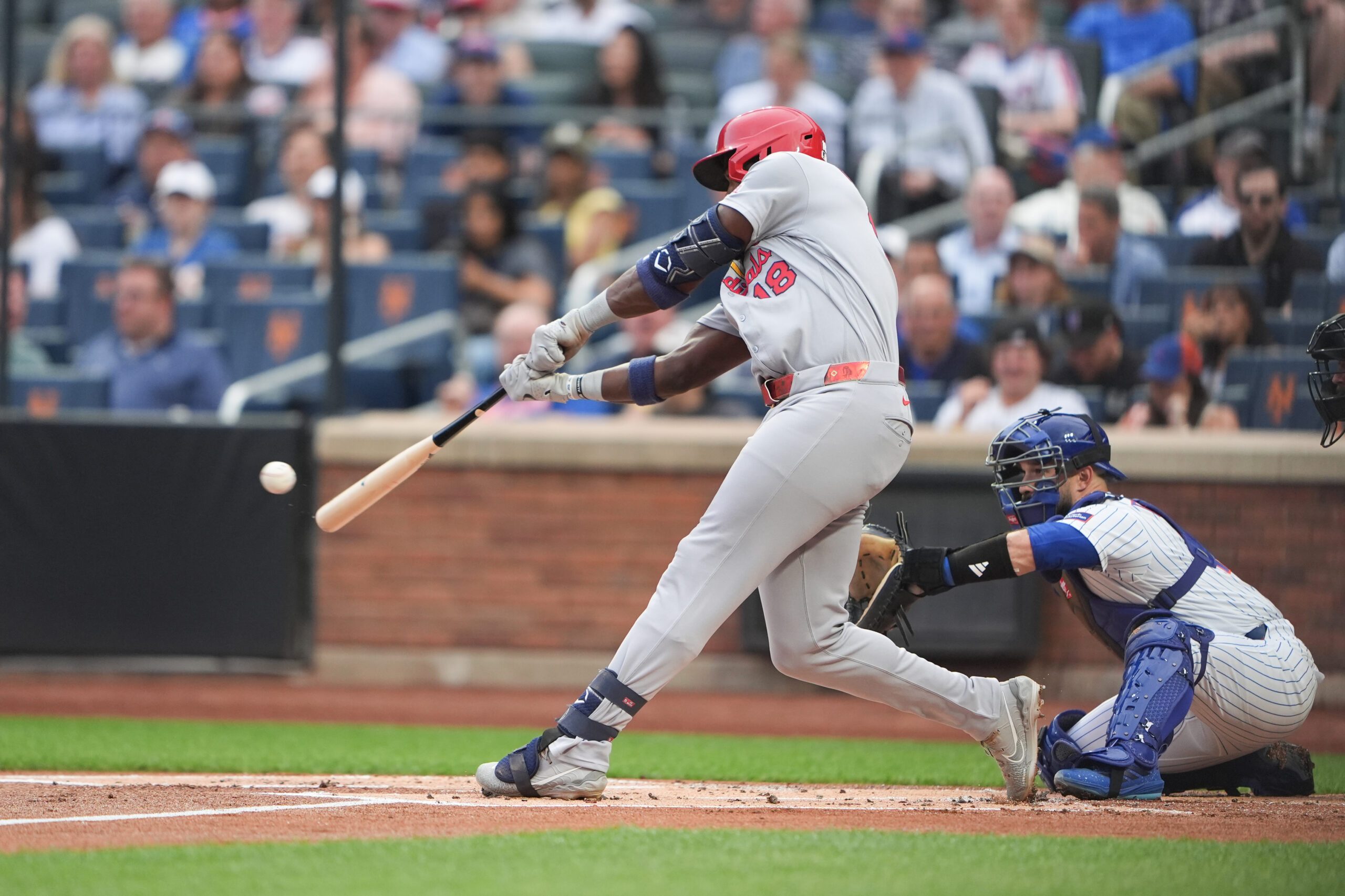 Jun 10, 2026; New York City, New York, USA; St. Louis Cardinals designated hitter Jordan Walker (18) hits an RBI single against the New York Mets during the first inning at Citi Field. Mandatory Credit: Gregory Fisher-Imagn Images