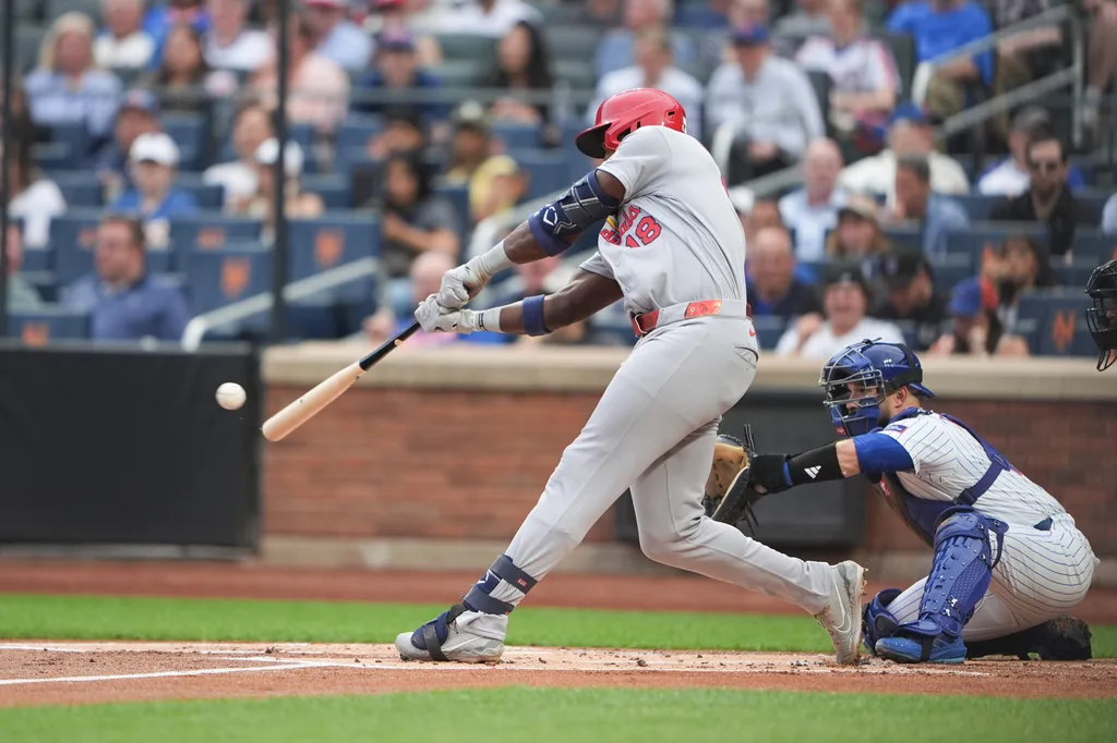 Jun 10, 2026; New York City, New York, USA; St. Louis Cardinals designated hitter Jordan Walker (18) hits an RBI single against the New York Mets during the first inning at Citi Field. Mandatory Credit: Gregory Fisher-Imagn Images