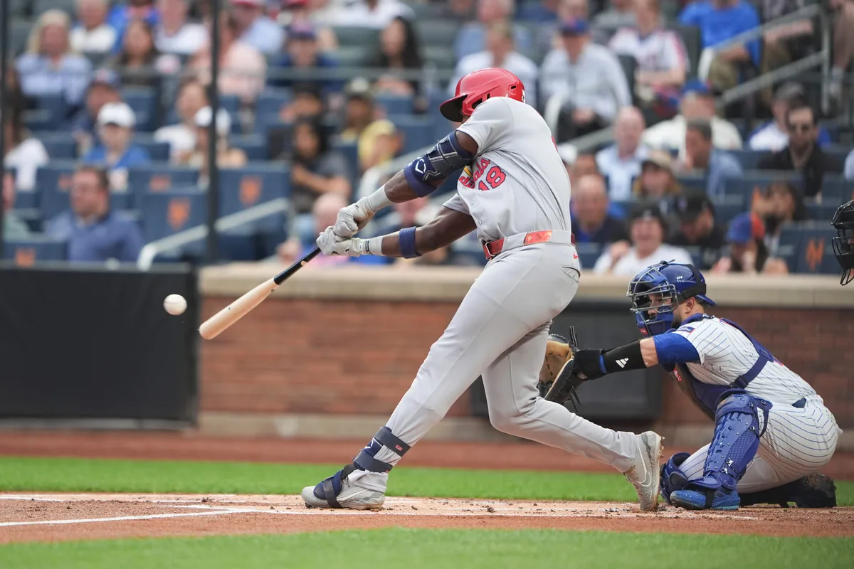 Jun 10, 2026; New York City, New York, USA; St. Louis Cardinals designated hitter Jordan Walker (18) hits an RBI single against the New York Mets during the first inning at Citi Field. Mandatory Credit: Gregory Fisher-Imagn Images