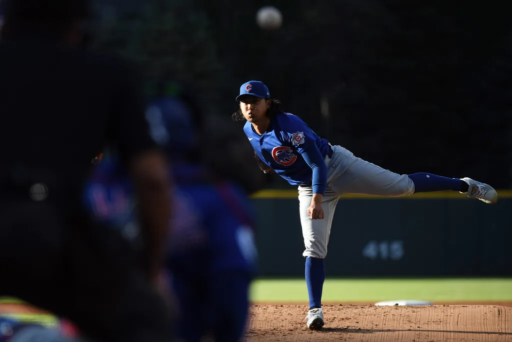 Jun 10, 2026; Denver, Colorado, USA; Chicago Cubs pitcher Shota Imanaga (18) pitches in the first inning against the Colorado Rockies at Coors Field. Mandatory Credit: Christopher Hanewinckel-Imagn Images