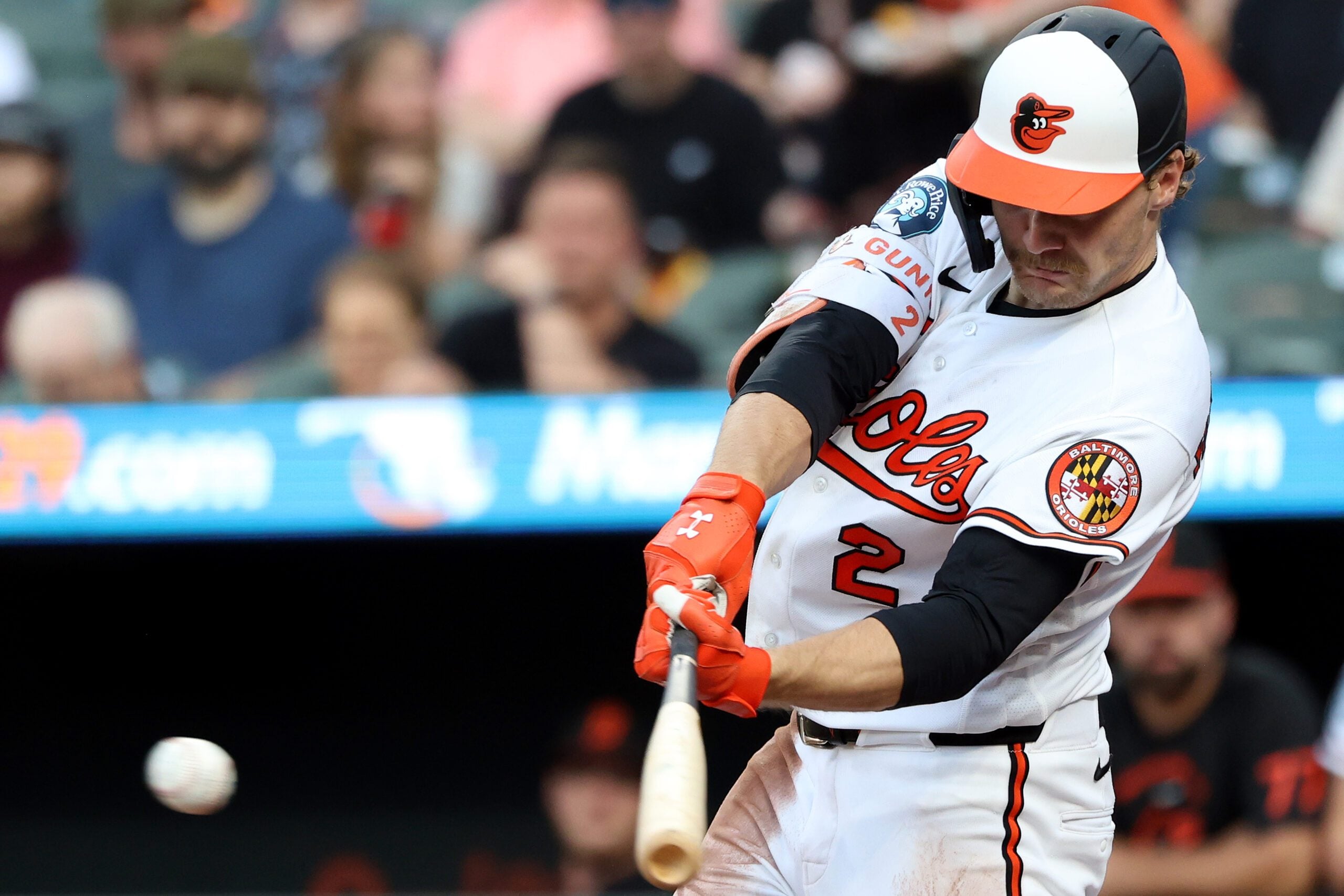 Jun 10, 2026; Baltimore, Maryland, USA; Baltimore Orioles shortstop Gunnar Henderson (2) hits a single during the third inning against the Seattle Mariners at Oriole Park at Camden Yards. Mandatory Credit: Daniel Kucin Jr.-Imagn Images