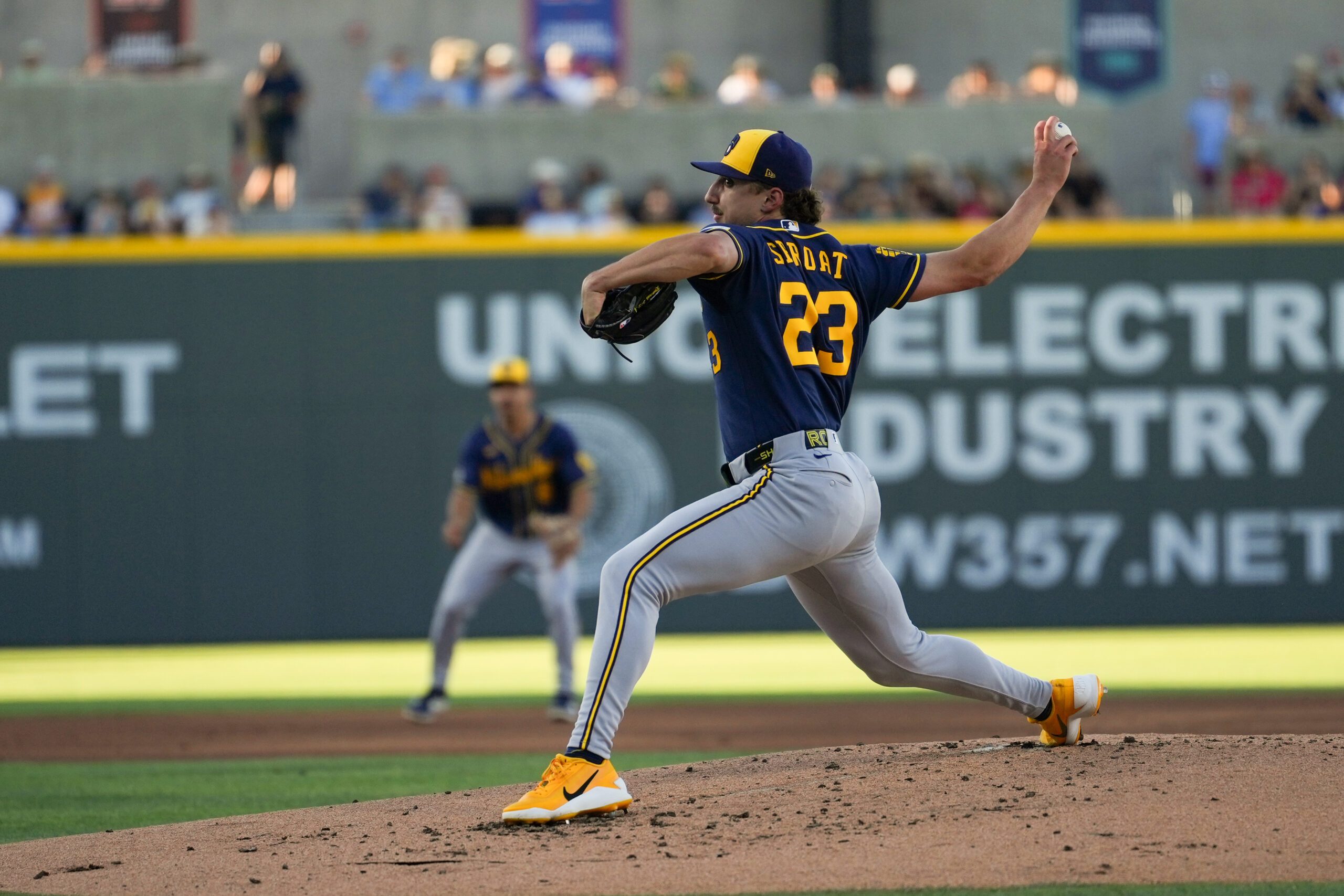 Jun 10, 2026; Summerlin, Nevada, USA; Milwaukee Brewers pitcher Brandon Sproat (23) throws the ball during the first inning against the Athletics at Las Vegas Ballpark. Mandatory Credit: Lucas Peltier-Imagn Images
