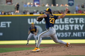 Jun 10, 2026; Summerlin, Nevada, USA; Milwaukee Brewers pitcher Brandon Sproat (23) throws the ball during the first inning against the Athletics at Las Vegas Ballpark. Mandatory Credit: Lucas Peltier-Imagn Images
