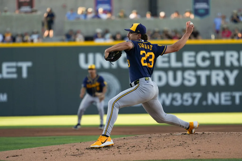 Jun 10, 2026; Summerlin, Nevada, USA; Milwaukee Brewers pitcher Brandon Sproat (23) throws the ball during the first inning against the Athletics at Las Vegas Ballpark. Mandatory Credit: Lucas Peltier-Imagn Images