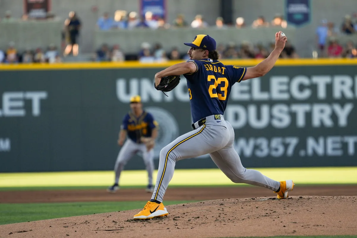 Jun 10, 2026; Summerlin, Nevada, USA; Milwaukee Brewers pitcher Brandon Sproat (23) throws the ball during the first inning against the Athletics at Las Vegas Ballpark. Mandatory Credit: Lucas Peltier-Imagn Images