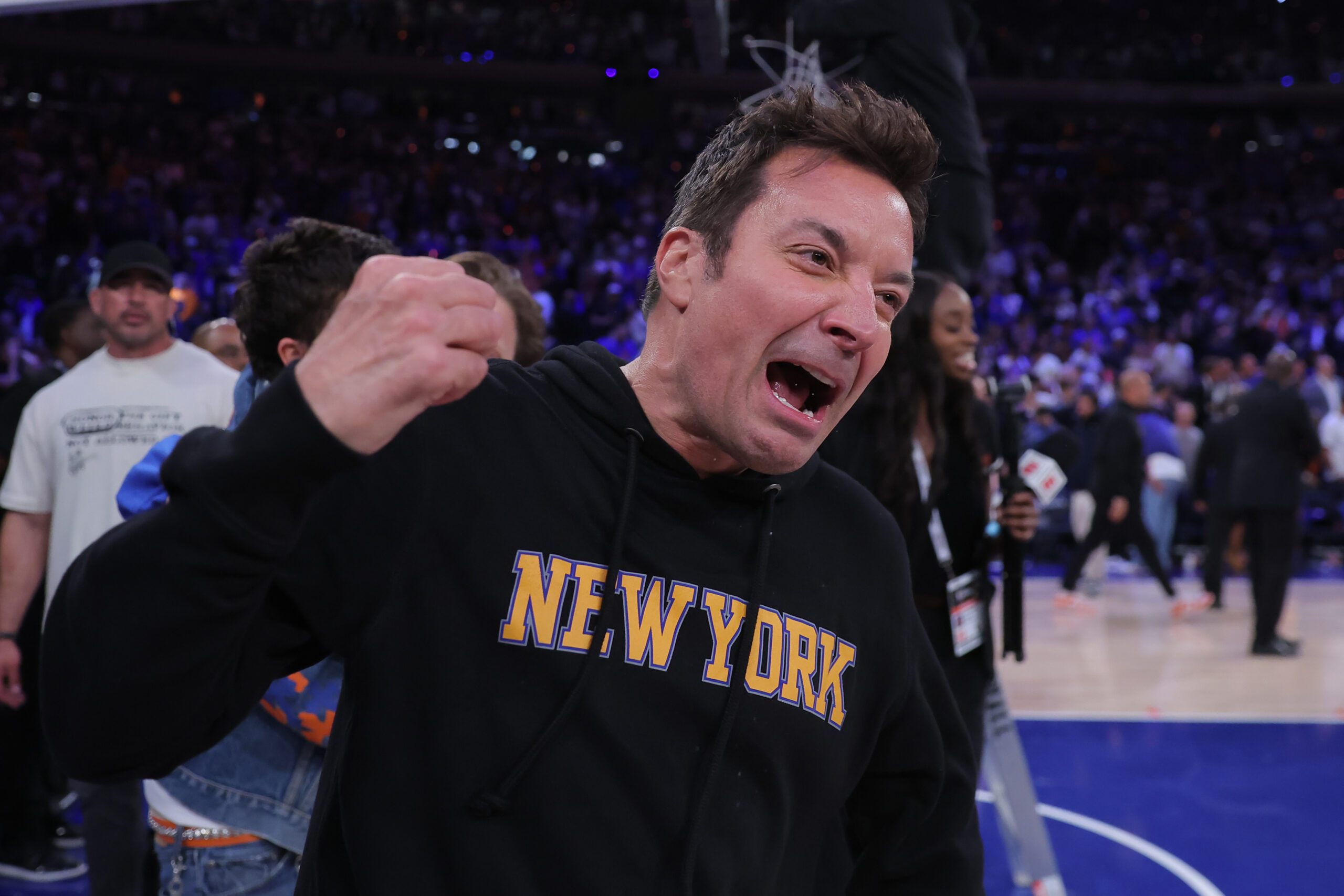 Jun 10, 2026; New York, New York, USA; Jimmy Fallon reacts after the New York Knicks defeated the San Antonio Spurs in game four of the 2026 NBA Finals at Madison Square Garden. Mandatory Credit: Brad Penner-Imagn Images