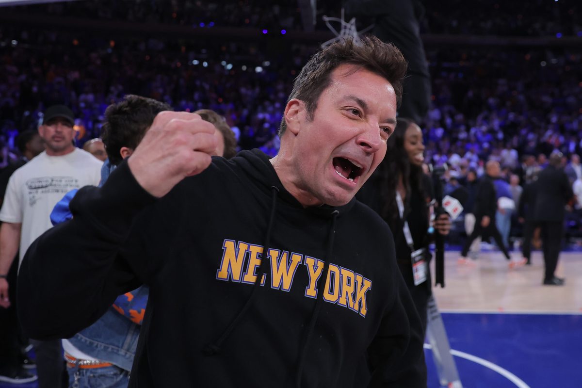 Jun 10, 2026; New York, New York, USA; Jimmy Fallon reacts after the New York Knicks defeated the San Antonio Spurs in game four of the 2026 NBA Finals at Madison Square Garden. Mandatory Credit: Brad Penner-Imagn Images