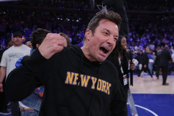 Jun 10, 2026; New York, New York, USA; Jimmy Fallon reacts after the New York Knicks defeated the San Antonio Spurs in game four of the 2026 NBA Finals at Madison Square Garden. Mandatory Credit: Brad Penner-Imagn Images