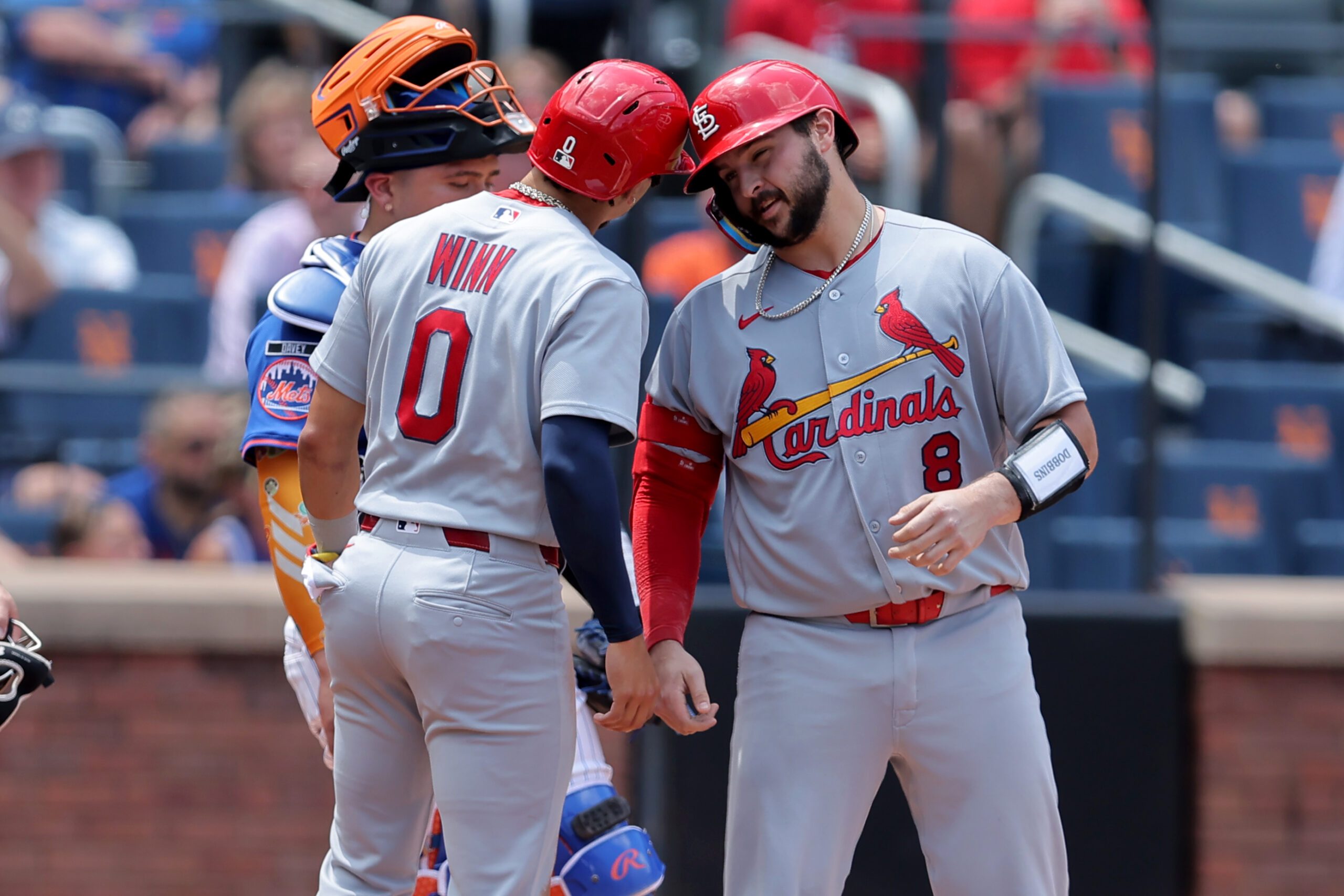 Jun 11, 2026; New York City, New York, USA; St. Louis Cardinals catcher Jimmy Crooks (8) taps helmets with shortstop Masyn Winn (0) after his two run home run against the New York Mets during the second inning at Citi Field. Mandatory Credit: Brad Penner-Imagn Images