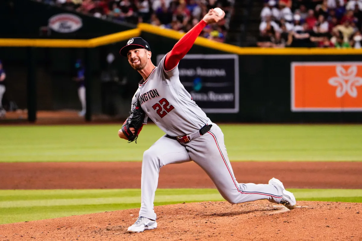 Jun 5, 2026; Phoenix, Arizona, USA; Washington Nationals pitcher Foster Griffin (22) throws against the Arizona Diamondbacks during the fifth inning at Chase Field. Mandatory Credit: Arianna Grainey-Imagn Images