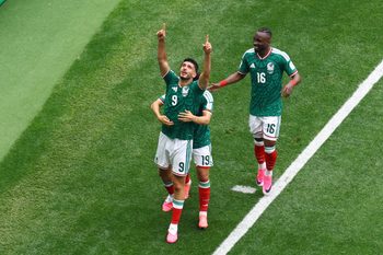 June 11, 2026; Mexico City, Mexico; Mexico's Raul Jimenez celebrates scoring their second goal with Gilberto Mora and Julian Quinones. Mandatory Credit: Raquel Cunha-REUTERS via Imagn Images