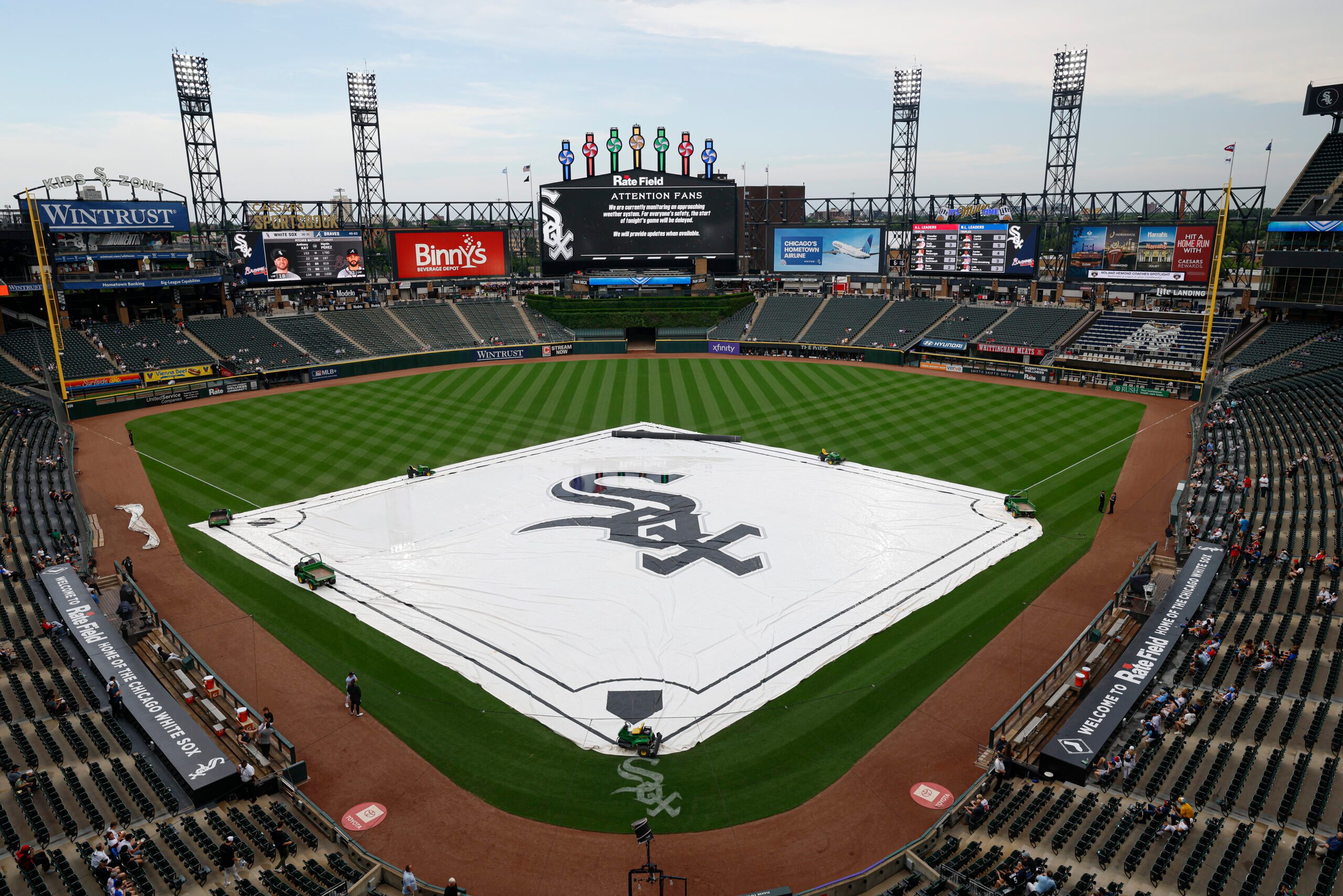 Jun 11, 2026; Chicago, Illinois, USA; A tarp covers the infield during a rain delay before a baseball game between the Chicago White Sox and Atlanta Braves at Rate Field. Mandatory Credit: Kamil Krzaczynski-Imagn Images