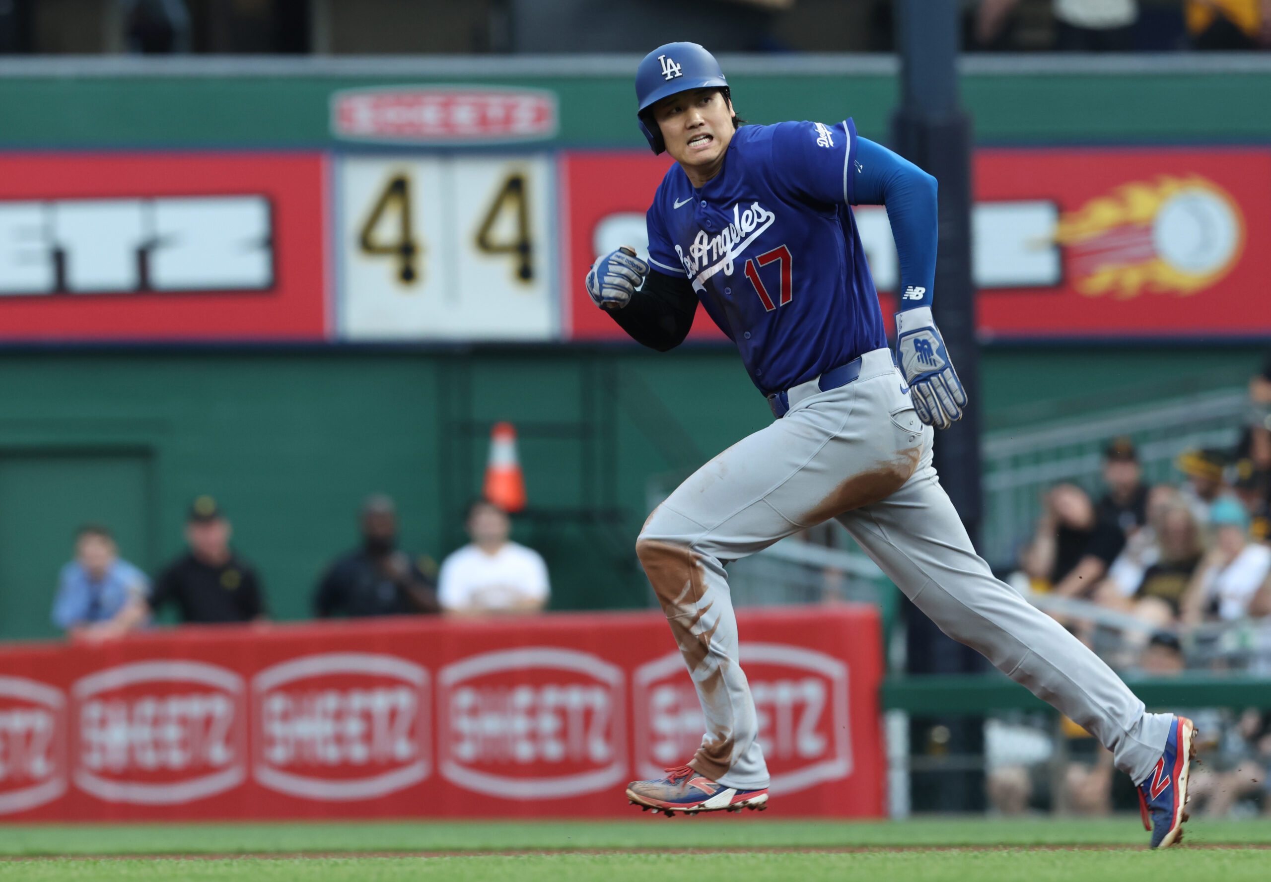 Jun 11, 2026; Pittsburgh, Pennsylvania, USA;  Los Angeles Dodgers designated hitter Shohei Ohtani (17) runs on a hit and run against the Pittsburgh Pirates during the fourth inning at PNC Park. Mandatory Credit: Charles LeClaire-Imagn Images