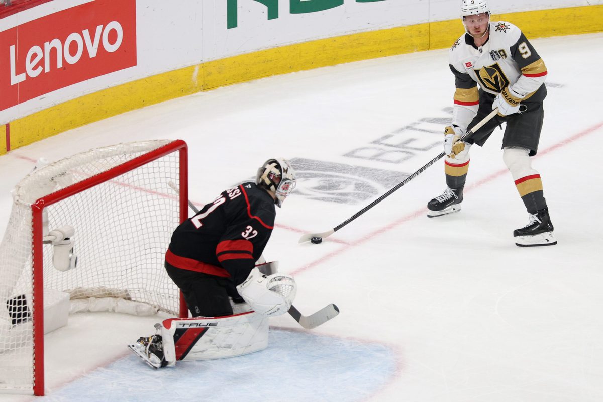 Jun 11, 2026; Raleigh, North Carolina, USA; Vegas Golden Knights center Jack Eichel (9) looks to pass against Carolina Hurricanes goaltender Brandon Bussi (32) during the first period in game five of the 2026 Stanley Cup Final at Lenovo Center. Mandatory Credit: Nathan Ray Seebeck-Imagn Images