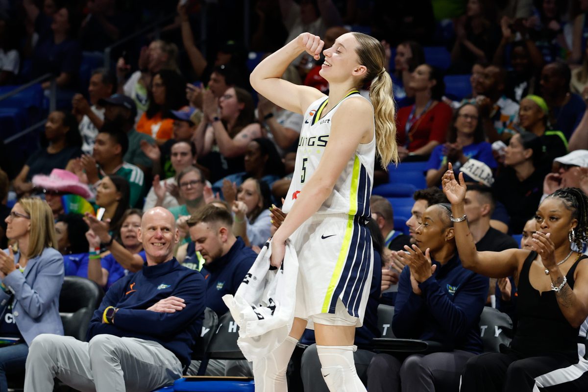 Jun 11, 2026; Arlington, Texas, USA; Dallas Wings guard Paige Bueckers (5) celebrates after a play against the Phoenix Mercury during the second half at College Park Center. Mandatory Credit: Chris Jones-Imagn Images