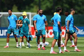June 12, 2026; Morristown, New Jersey, U.S.; Brazil's Bremer and teammates during training.  Mandatory Credit: Caean Couto-Imagn Images