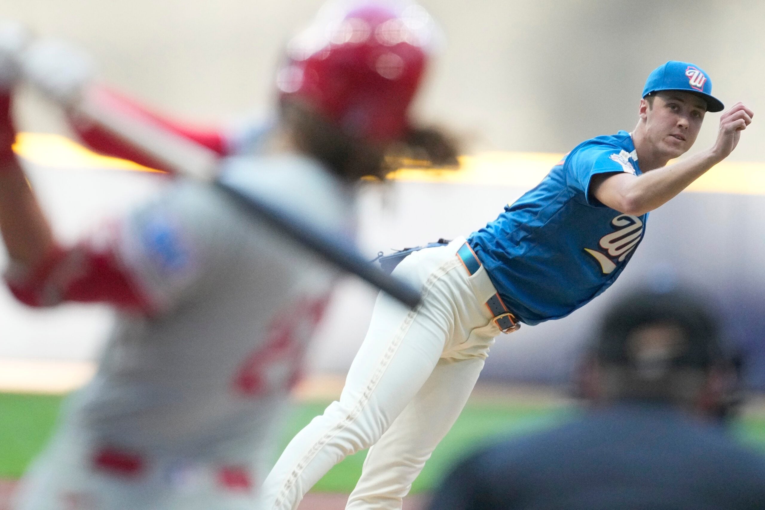 Jun 12, 2026; Milwaukee, Wisconsin, USA; Milwaukee Brewers pitcher Jacob Misiorowski (32) delivers a pitch against Philadelphia Phillies left fielder Brandon Marsh (16) in the second inning at American Family Field. Mandatory Credit: Michael McLoone-Imagn Images