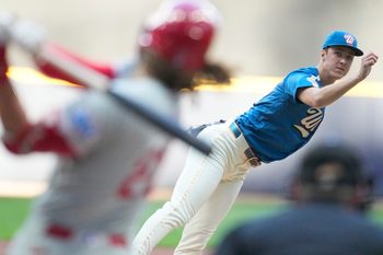 Jun 12, 2026; Milwaukee, Wisconsin, USA; Milwaukee Brewers pitcher Jacob Misiorowski (32) delivers a pitch against Philadelphia Phillies left fielder Brandon Marsh (16) in the second inning at American Family Field. Mandatory Credit: Michael McLoone-Imagn Images