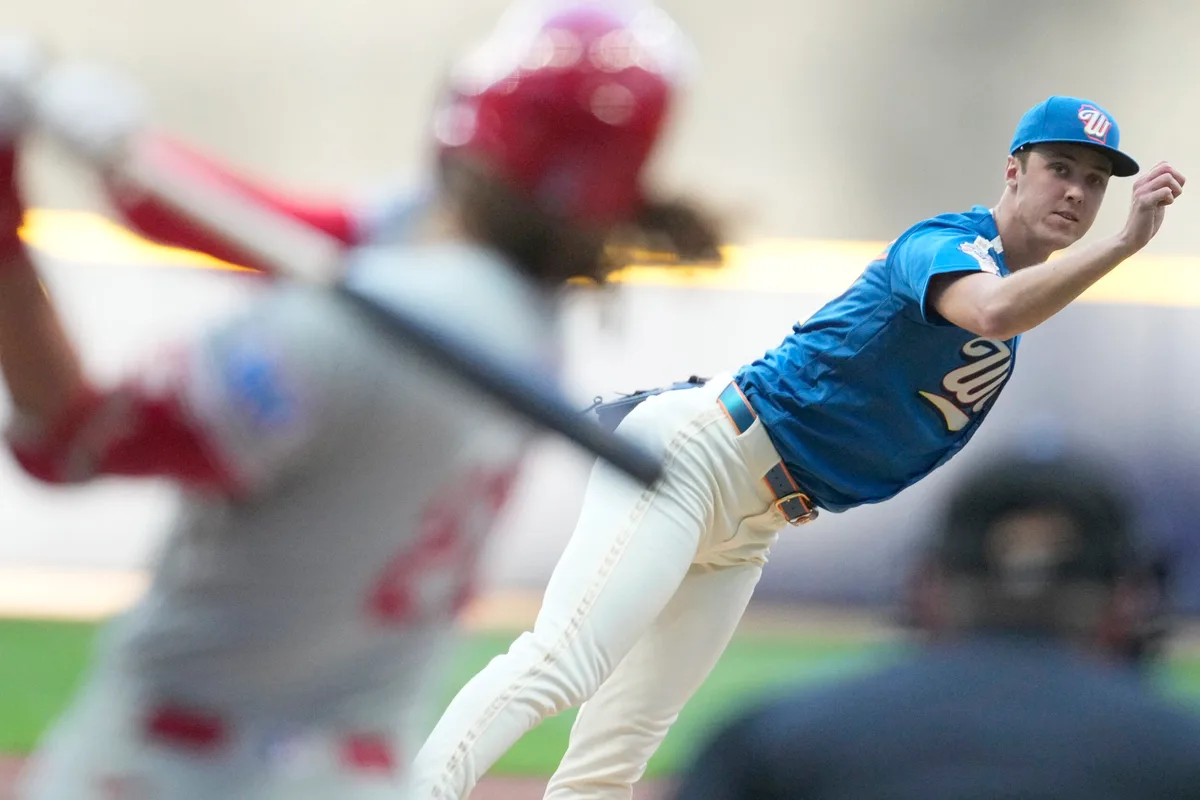 Jun 12, 2026; Milwaukee, Wisconsin, USA; Milwaukee Brewers pitcher Jacob Misiorowski (32) delivers a pitch against Philadelphia Phillies left fielder Brandon Marsh (16) in the second inning at American Family Field. Mandatory Credit: Michael McLoone-Imagn Images