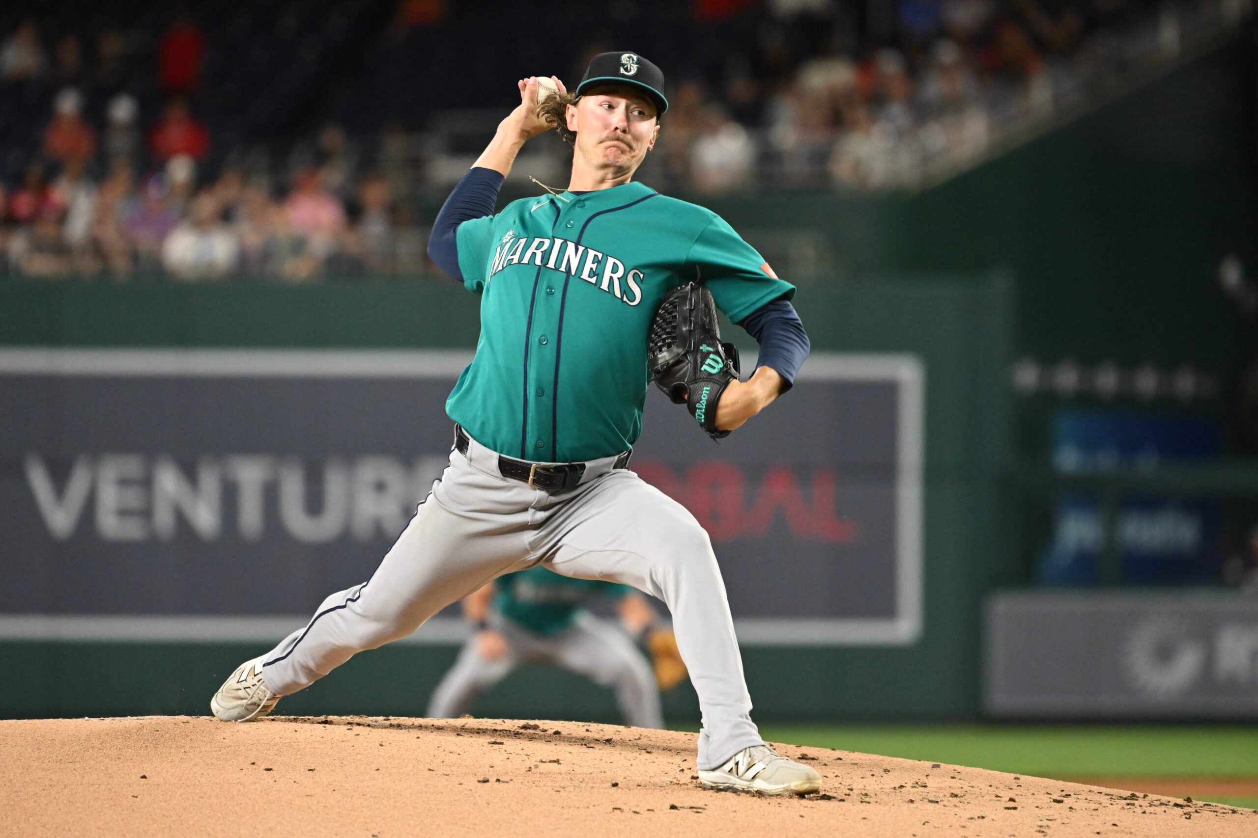 Jun 12, 2026; Washington, District of Columbia, USA;  Seattle Mariners pitcher Bryce Miller (50) throws a pitch against the Washington Nationals during the first inning at Nationals Park. Mandatory Credit: Rafael Suanes-Imagn Images